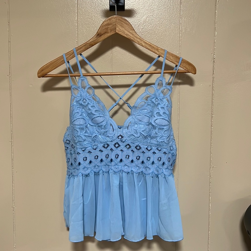 Spaghetti strap light blue lace top